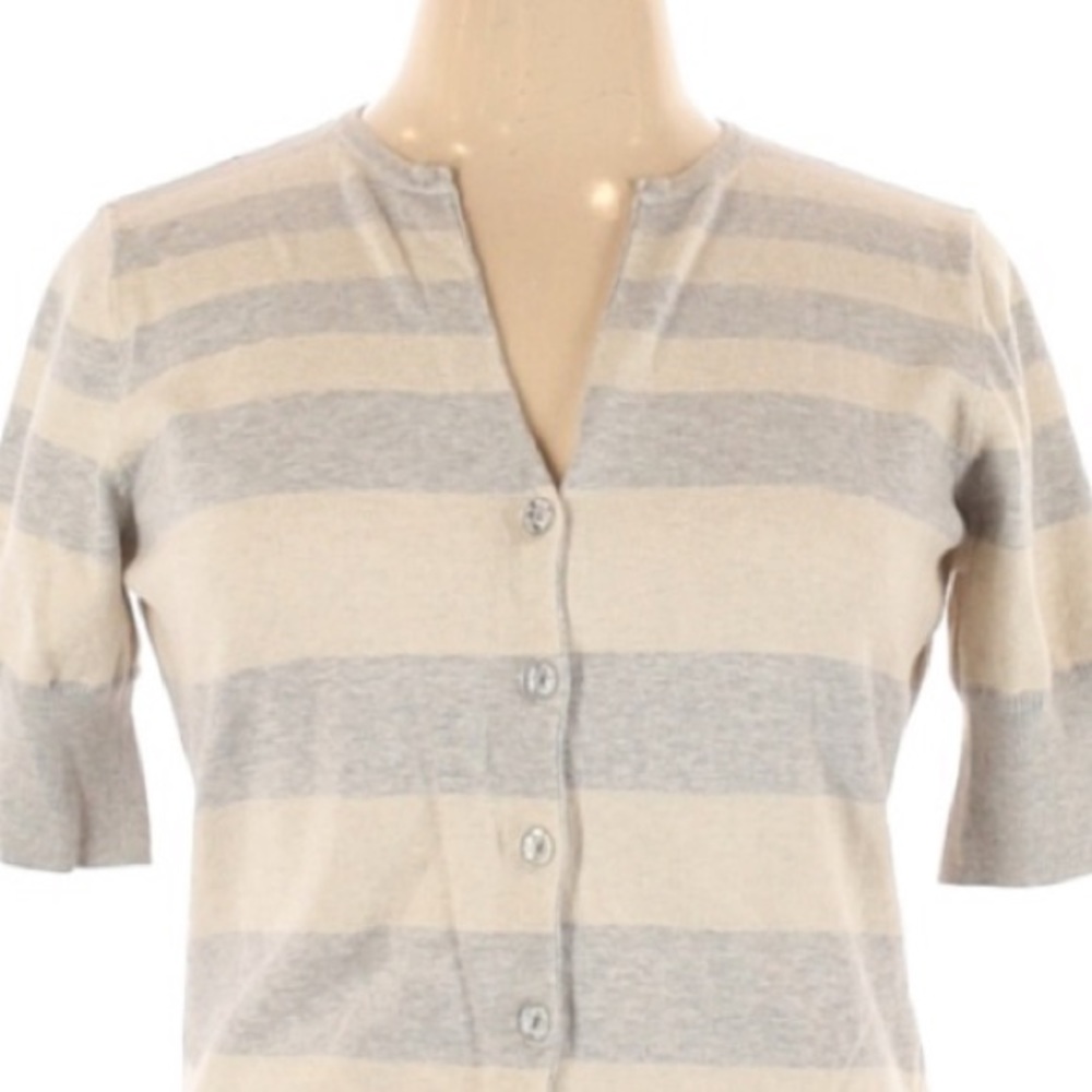 Kersh | Button Up Short Sleeve Stripped Top XL Gray Cream Color Vintage - Picture 9 of 9